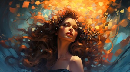 deep house art, attractive woman hears music, copy space, 16:9