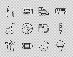 Set line Toy puppet doll on hand, Racket ball, train, Portable video game console, Jump rope, Basketball, Rubber duck and Marker pen icon. Vector