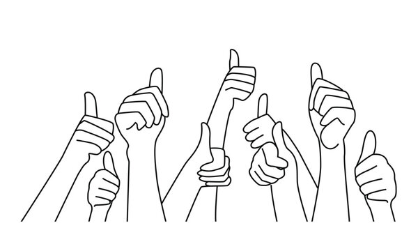 Many hands showing thumb up signs on white background line art vector.