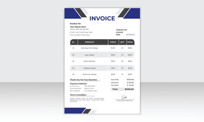 Creative, modern, unique, clean, and professional corporate company business invoice template design.