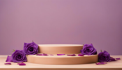 Empty wooden podium with purple color roses and petals for display background.
