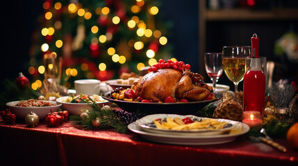 Christmas dinner, golden turkey on a platter, red tablecloth, bokeh in the background. Generative AI