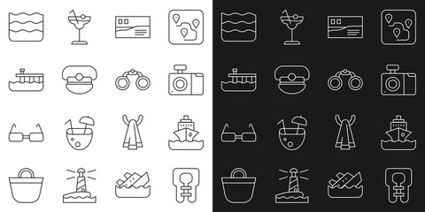 Set line Life jacket, Cruise ship, Photo camera, Postcard travel, Captain hat, Beach pier dock, Wave and Binoculars icon. Vector