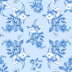 Vintage blue floral seamless pattern. Blooming indigo flowers - 672732022