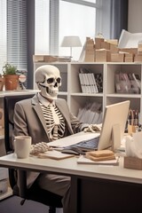 Skeleton in the business suit sitting at modern office desk, working with laptop. Corporate overtime. High quality photo, overworked workaholic concept. 