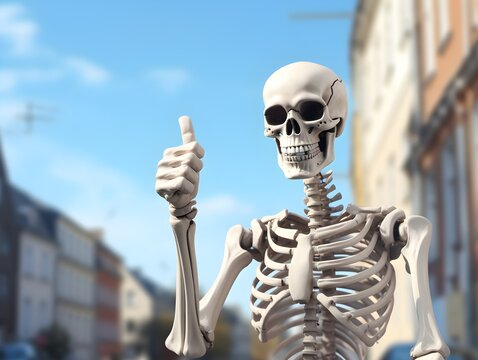 Skeleton is showing thumbs up walking at the street happy, smiling ironic. realistic high quality photo, approving, travelling, trendy