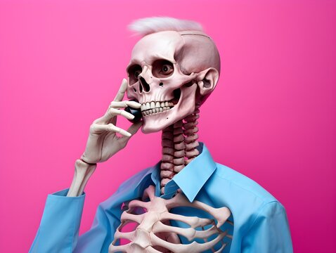 Skeleton employee in a office suit is sitting thinking, thoughtful, ironic. realistic high quality photo, dead human overworked exhausted on modern trendy pink color background copy space 