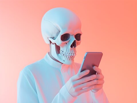 Skeleton is looking at the mobile phone in his hands, thoughtful, ironic. realistic high quality photo, dead human addicted to internet device on modern trendy orange color background copy space 