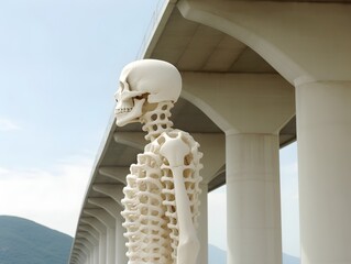Female skeleton is looking away while sitting at modern bridge, thoughtful, futuristic immortal concept. realistic high quality photo, dead human on modern trendy pink background copy space 