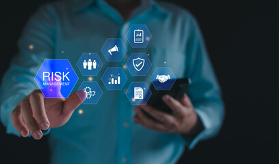 Risk manage, Business risk assessment. Businessman assess investment, Safety control risk. Reduce opportunity for financial investment, projects, manage business. Manage low level strategy.