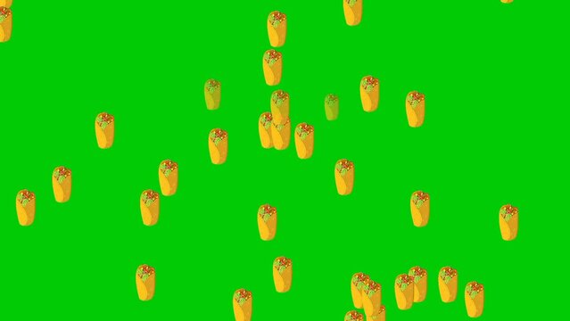 Falling burrito vector animation on green screen motion graphics, chroma key, Mexican culture delicious burrito animation for restaurant, street food, and cooking video promotion
