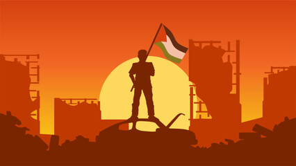 Palestine landscape vector illustration. Silhouette of man holding palestine flag in the destroyed city. Landscape illustration of war for social issues, news, support or conflict