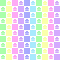 Pastel rainbow colors and flowers in a checkered pattern design for assembling tablecloths, wrapping paper, picnic mats, mats, cloth, textiles, scarves.
