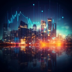 Trading graph on night buildings background for the concept of financial analysis idea