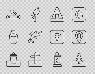 Set line Trash can, Tree, Tourist tent, Road traffic sign, Swiss army knife, Fish, Camping lantern and Location for camping icon. Vector