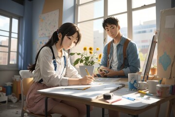 girl draws a still life with plaster in a large art class, a guy sits on the window and looks out the window