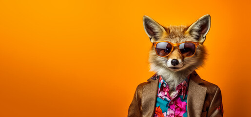 Cool looking fox wearing funky fashion dress - jacket, shirt, dark shades sunglasses. Wide banner with copy space on side. Stylish animal posing. Generative AI - obrazy, fototapety, plakaty