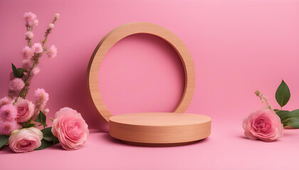 Natural round wooden stand for presentations products with flowers on pink background