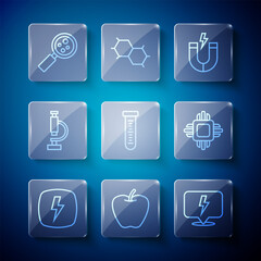 Set line Lightning bolt, Apple, Magnet, Test tube, Microscope, Microorganisms under magnifier and Processor CPU icon. Vector