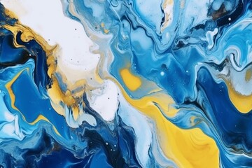 Abstract painting with blue tone, fluid art technique, liquid art pattern, depth of ocean and sea surface simulation, modern design, acrylic paints. Generative AI