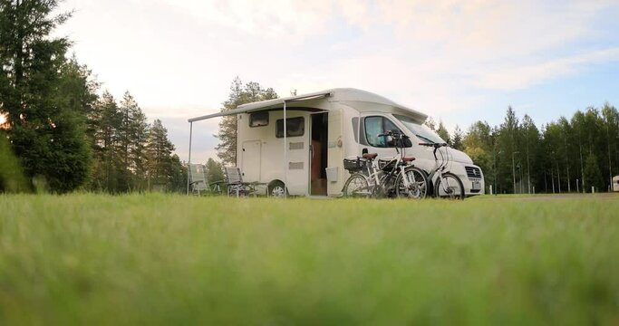 Family vacation travel RV, holiday trip in motorhome, Caravan car Vacation.