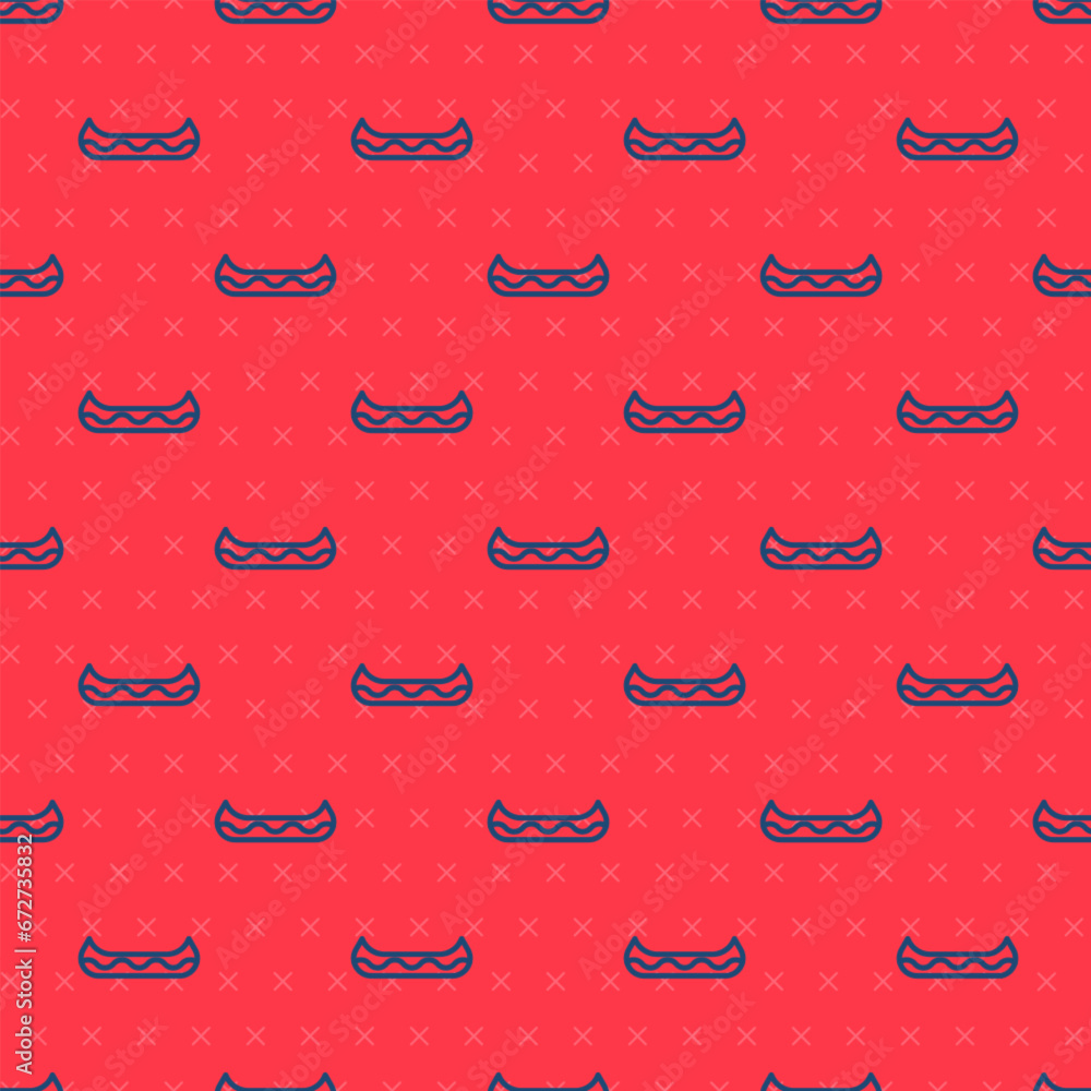 Poster blue line kayak and paddle icon isolated seamless pattern on red background. kayak and canoe for fis