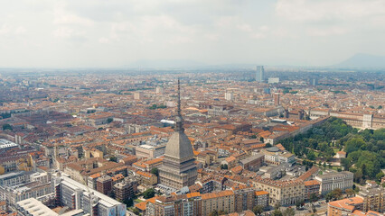 Fototapeta na wymiar Turin, Italy. Mole Antonelliana - Majestic building from the 19th century. Panorama of the city. Summer day, Aerial View
