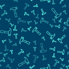 Green line Hammer icon isolated seamless pattern on blue background. Tool for repair. Vector