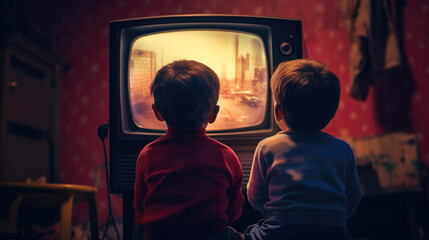 Retro kids watching tv Generative Ai - obrazy, fototapety, plakaty