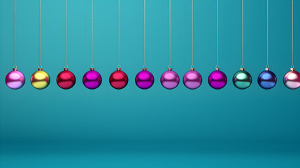 Colorful Hanging New Year's Baubles on Vibrant Blue Background with Copy Space. 