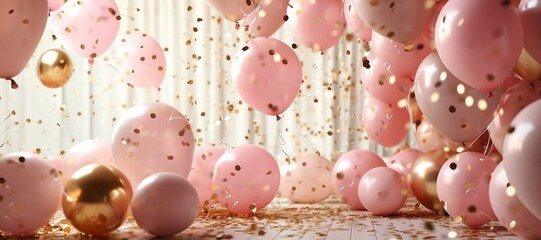 Pink and Neutral Tone Balloons floating on a White Curtain Background with Gold Confetti 