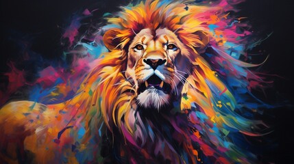 a dynamic and powerful oil painting of a lion with neon accents, employing expressive brushstrokes to capture the raw energy and timeless allure of this magnificent creature.