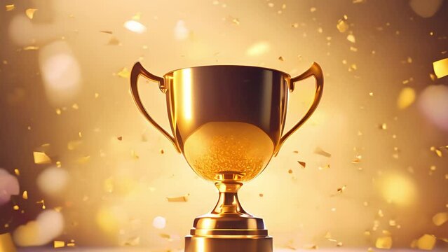 gold trophy cup with confetti background