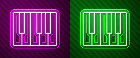 Glowing neon line Music synthesizer icon isolated on purple and green background. Electronic piano. Vector