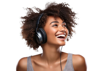 Young African American woman, passionate about music, revelling in the beats and rhythms flowing through her headphones, cut out - obrazy, fototapety, plakaty