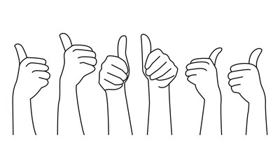 Many hands showing thumb up signs line art  vector  on white background.