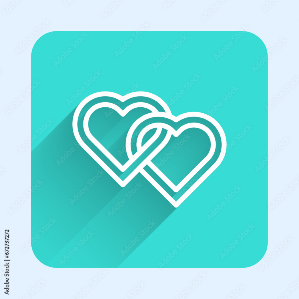 Poster white line two linked hearts icon isolated with long shadow background. romantic symbol linked, join