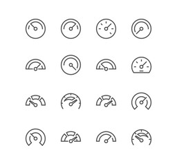 Set of speedometer related icons, odometer, dashboard, car speedometer, efficiency, velocity, gauge and linear variety vectors. - obrazy, fototapety, plakaty
