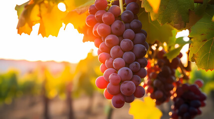 Close up of grapes in a vineyard at sunset - obrazy, fototapety, plakaty
