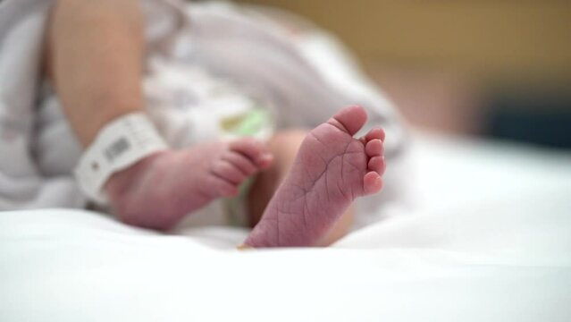 New born tiny baby's feet from the hospital with the born braclete.