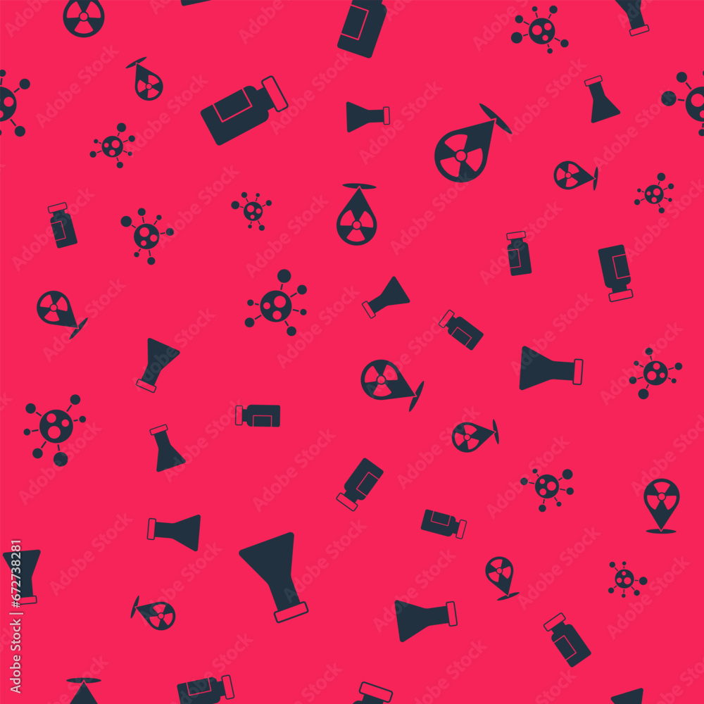 Poster set test tube and flask, , molecule and radioactive in location on seamless pattern. vector