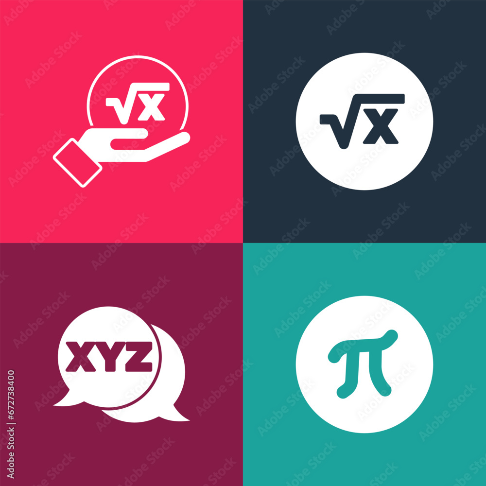 Poster set pop art pi symbol, xyz coordinate system, square root of x glyph and icon. vector