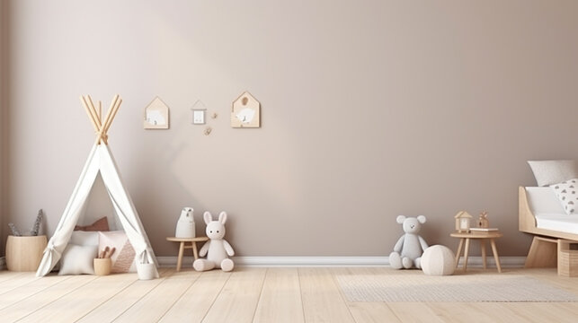Fototapeta Kids Wall mock up. Kids interior. Scandinavian interior modern child room. generative ai