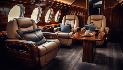 Photo of the Luxurious Interior of an Airplane with Elegant Table and Comfortable Chairs