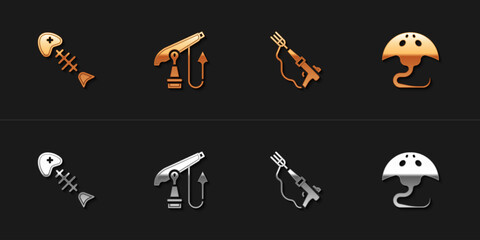 Set Fish skeleton, Fishing harpoon, and Stingray icon. Vector