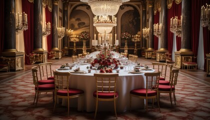 Fototapeta na wymiar Photo of a Luxurious Dining Room with an Opulent Chandelier and Elegant Decor