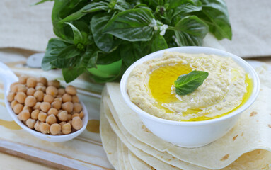 traditional chickpea dish hummus with olive oil