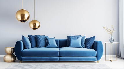 living room blue velvet sofa golden and blue pillows sphere modern interior blue tones generative ai - obrazy, fototapety, plakaty