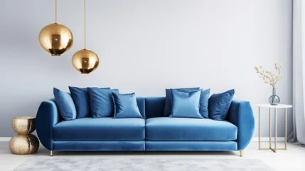 Fotobehang living room blue velvet sofa golden and blue pillows sphere modern interior blue tones generative ai © Witri