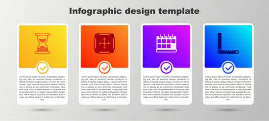 Obraz premium Set Old hourglass with sand, Area measurement, Calendar and Corner ruler. Business infographic template. Vector
